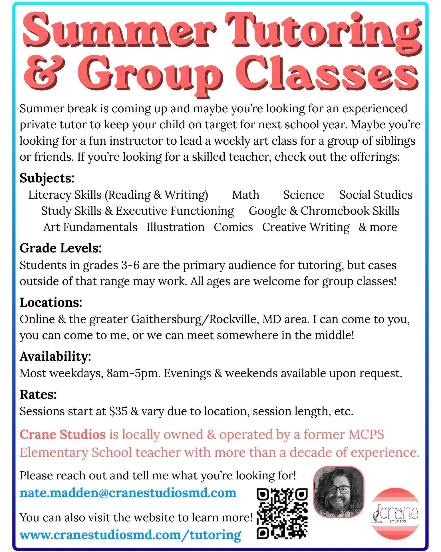 Summer Tutoring and Group Classes are available for booking today! Reach out and let me know what you're looking for. cranestudiosmd.com/tutoring