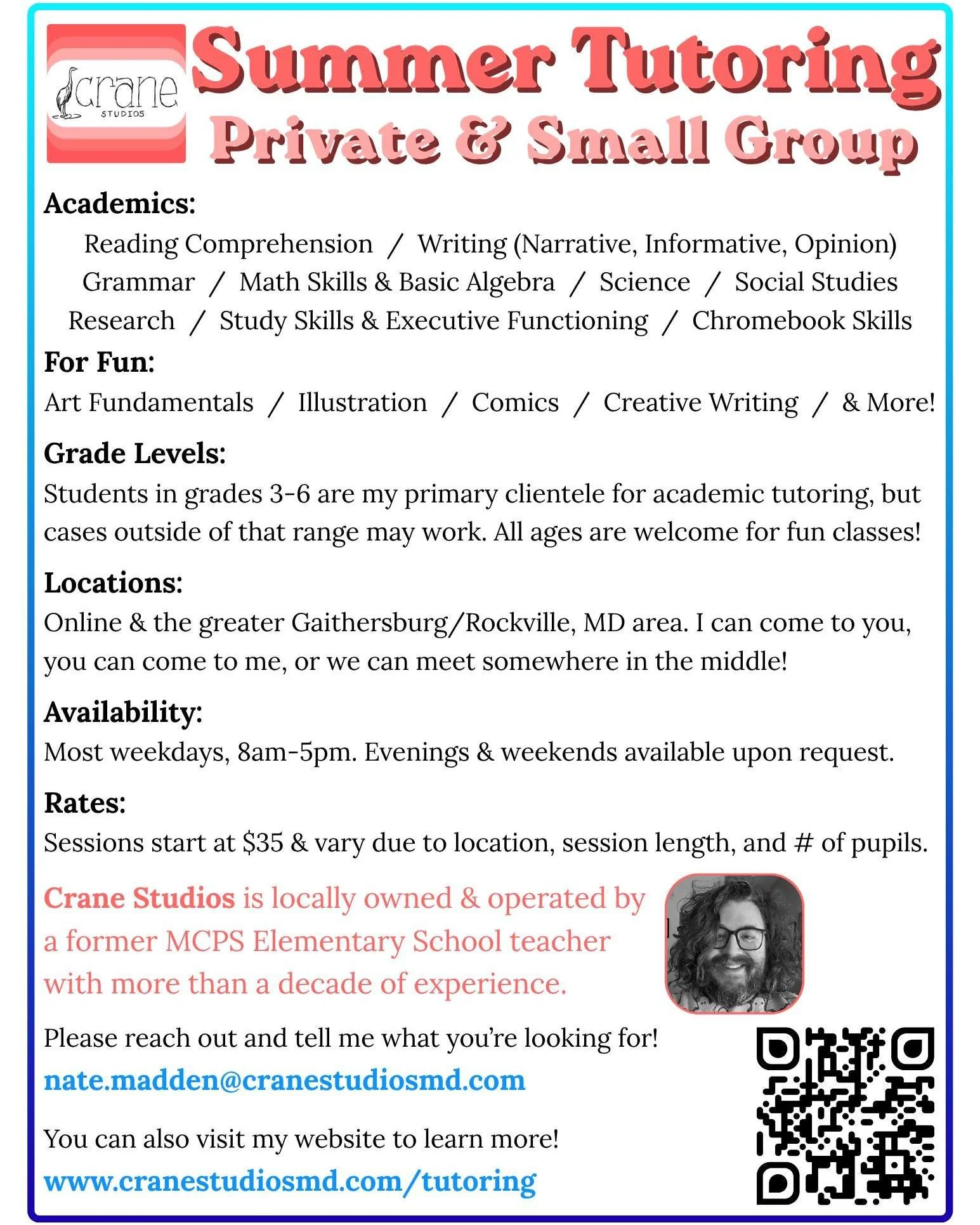 if you need a tutor this summer, give me a chance! if a loved one, a friend, a neighbor, or some random person who follows you might like a tutor this summer, please share this flyer with them!
.
.
.
.
.
 #tutoring #afterschoolcare #moco #smallbusine