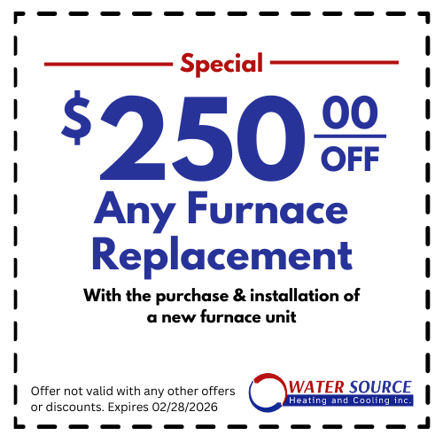 A promotional coupon offering $250 off any furnace replacement with purchase and installation of a new furnace. The ad includes the logo of Water Source Heating and Cooling Inc., and states the offer expires February 28, 2026.