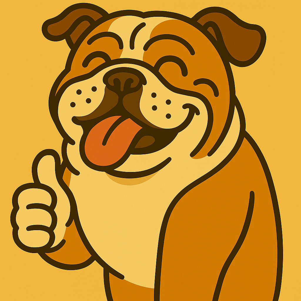 Cartoon of a smiling bulldog giving a thumbs up with its tongue out against a yellow background.