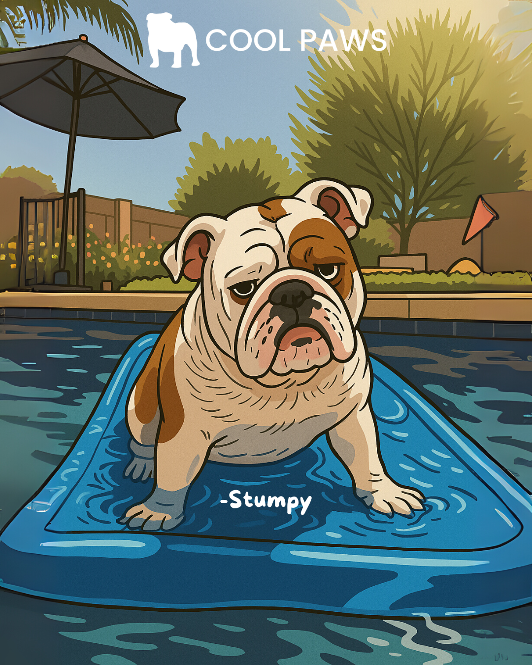 An illustrated bulldog standing on a blue float in a backyard pool with a yard, trees, and a fence in the background. The image includes the text 'Cool Paws' and 'Stumpy'.