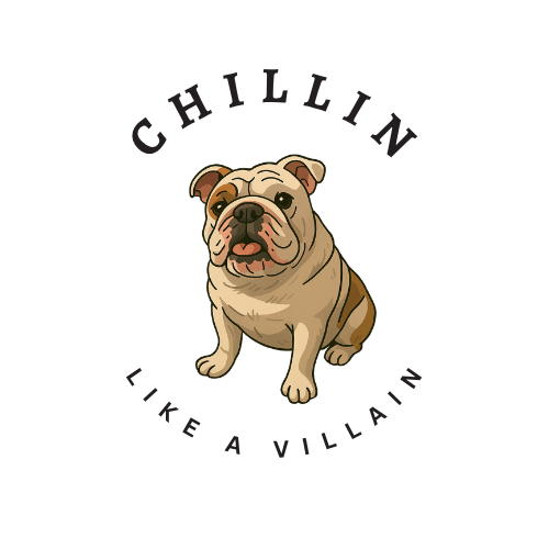 Cartoon illustration of a bulldog sitting, with black background and stylized text above.