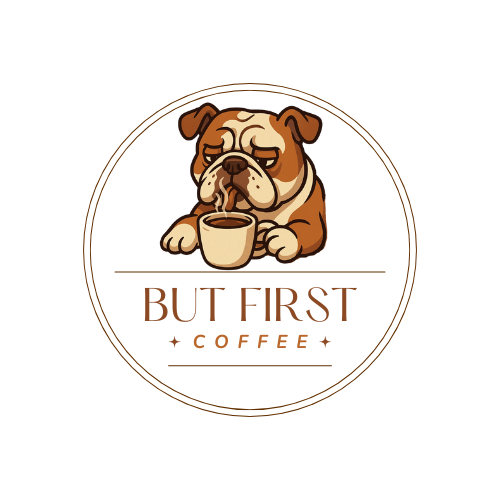 Cartoon of a bulldog sitting at a table, holding a coffee mug with its paw.