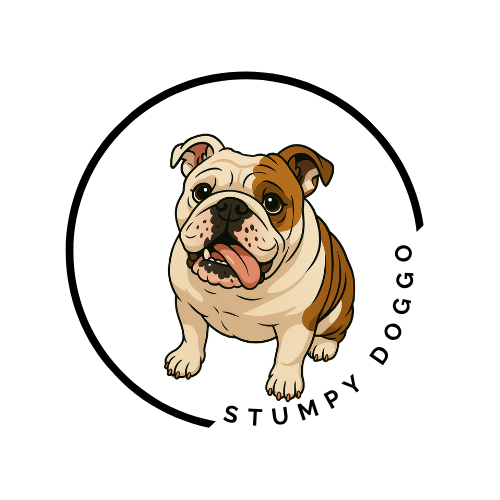 Cartoon illustration of a bulldog with a brown and white coat, sitting against a black background.