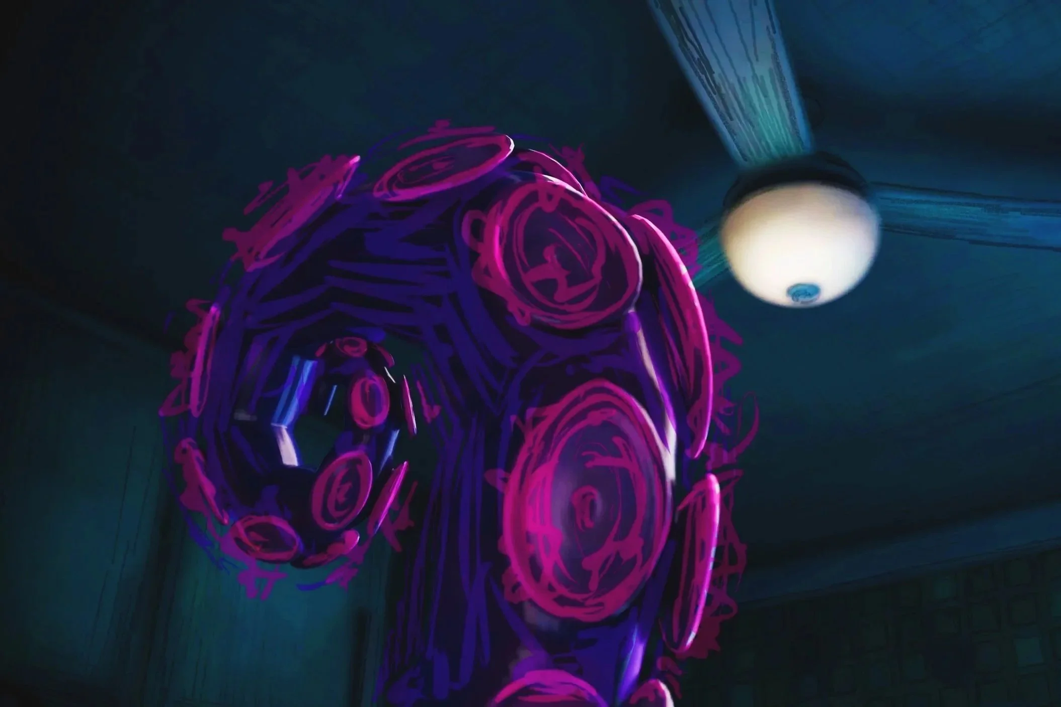 Neon art installation of a stylized purple and pink face or head with circular details, illuminated against a dark ceiling, with a ceiling fan nearby.