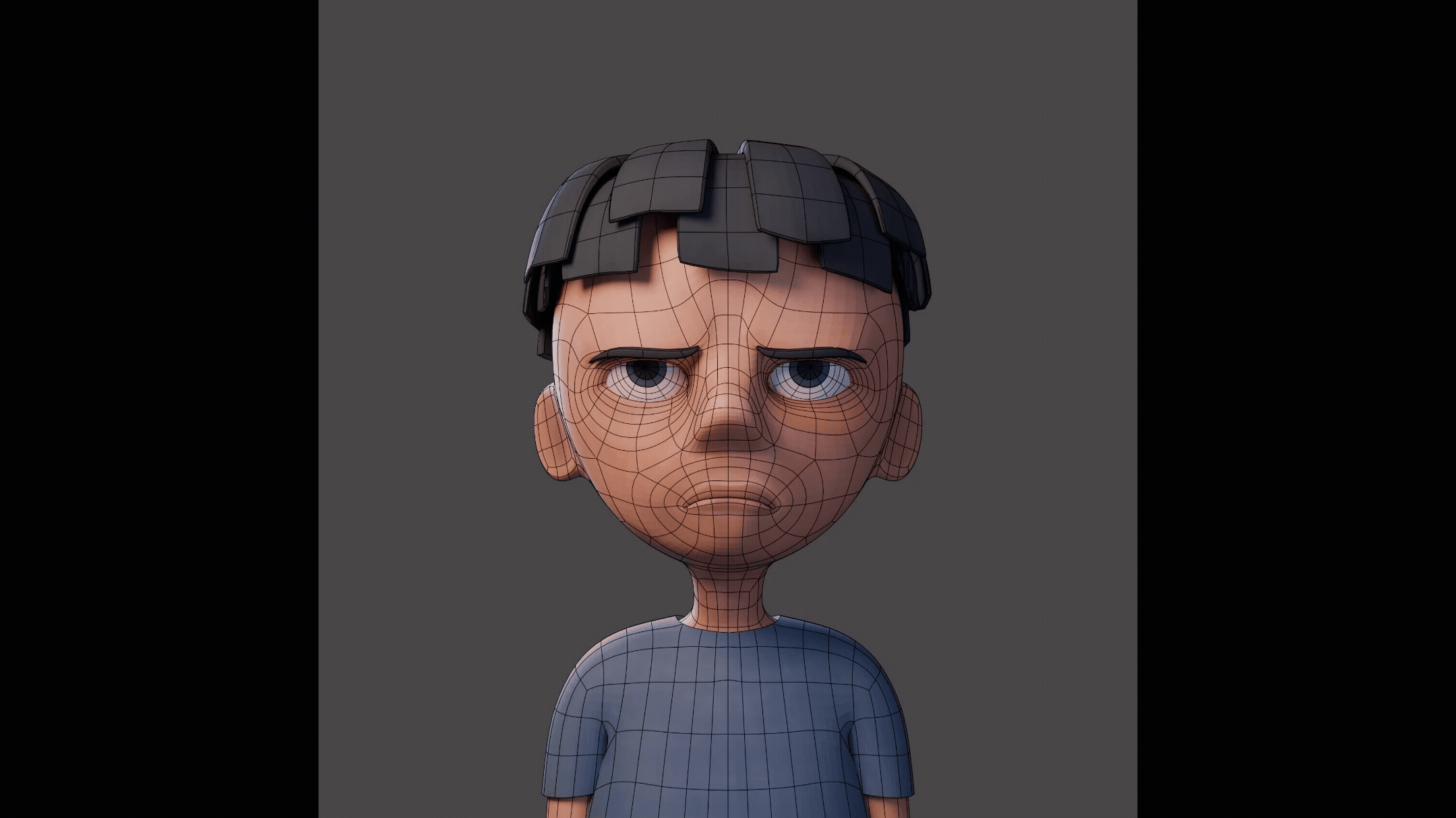 3D rendered digital character of a young boy with a worried or distressed expression, with black messy hair, gray shirt, and visible wireframe mesh overlay.