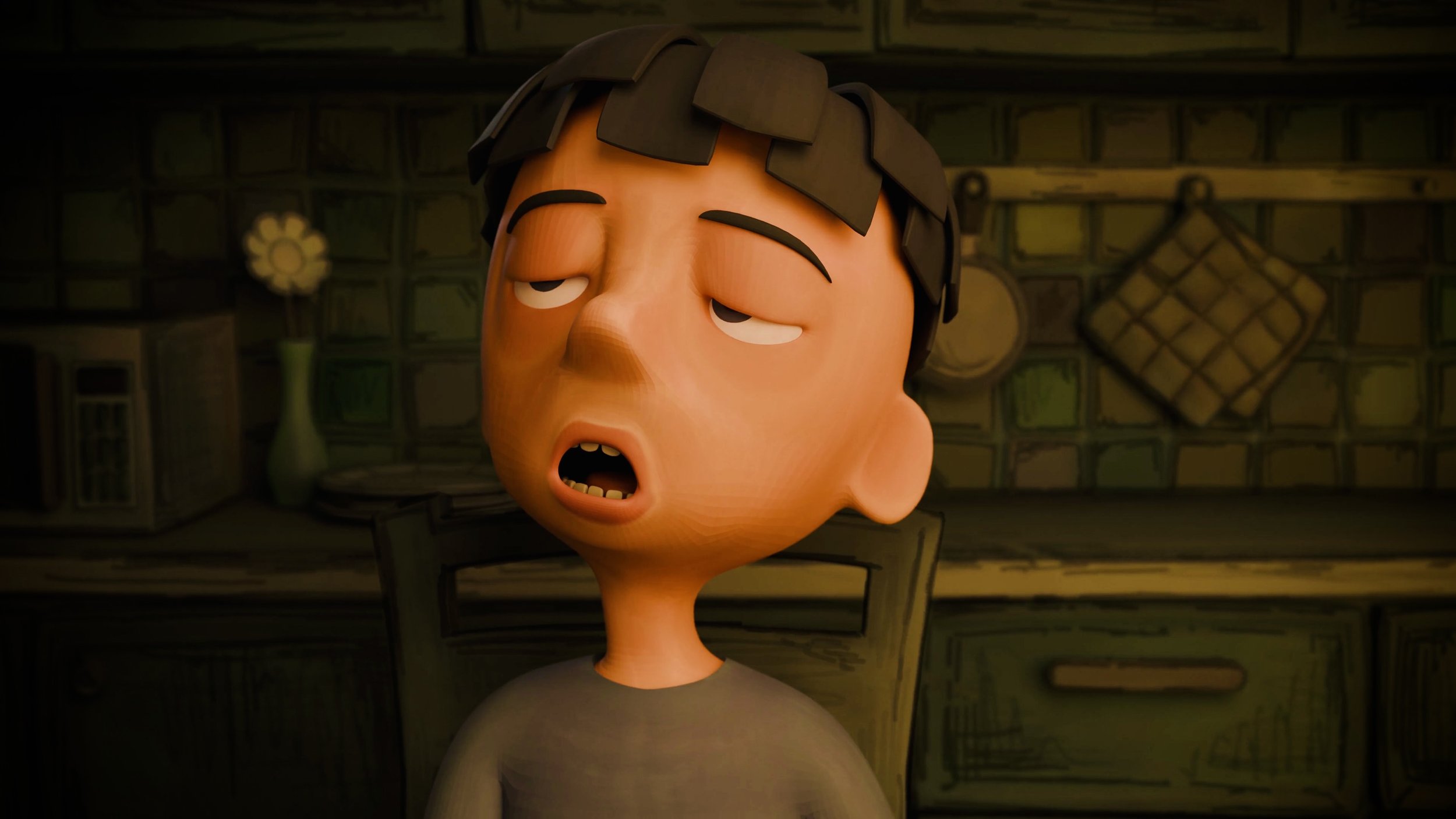 A animated boy with messy dark hair and tired expression, sitting in a kitchen with a wooden grid pattern on the wall and kitchen utensils in the background.