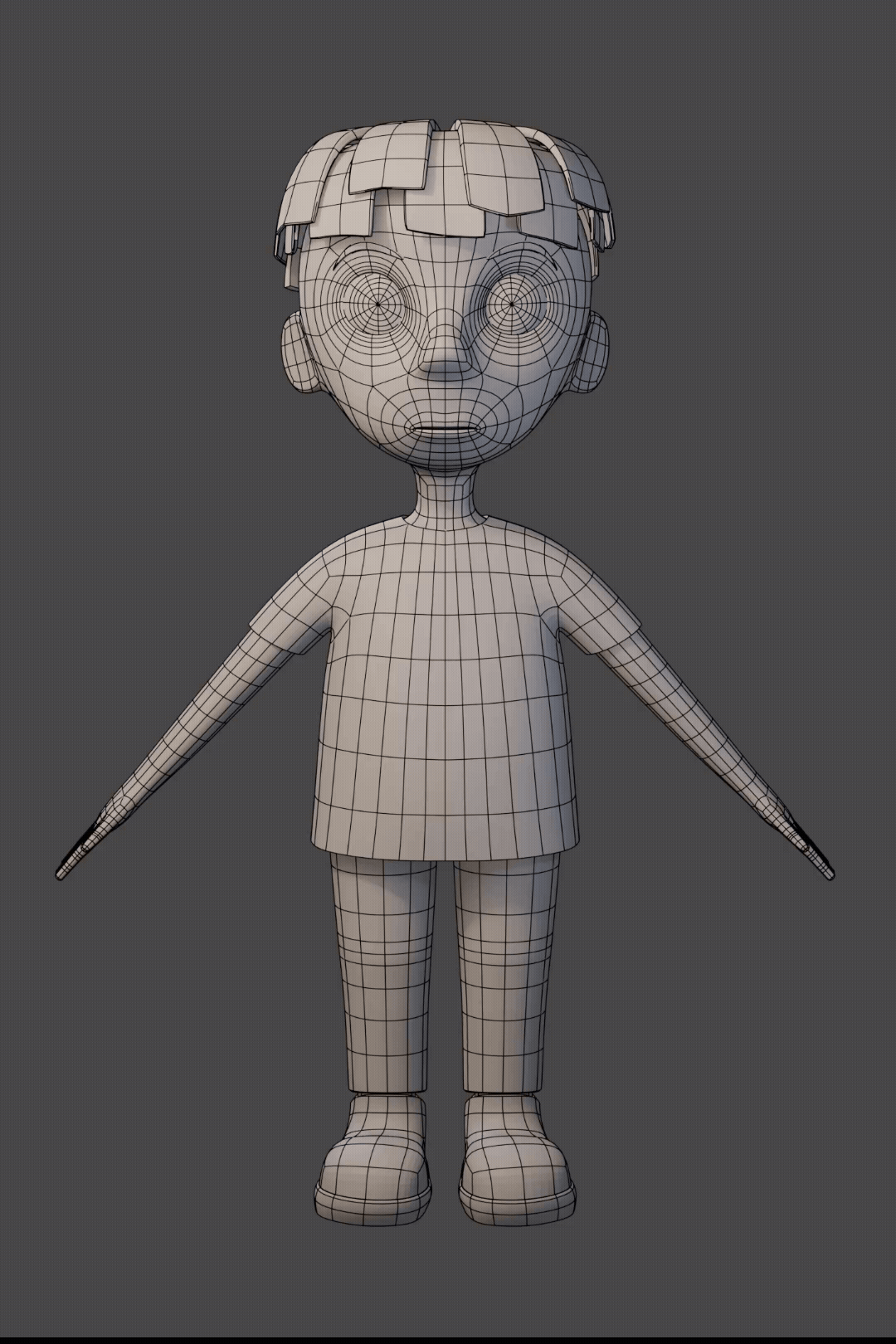3D wireframe model of a cartoon boy character with spiky hair, big eyes, wearing a T-shirt, pants, and shoes.