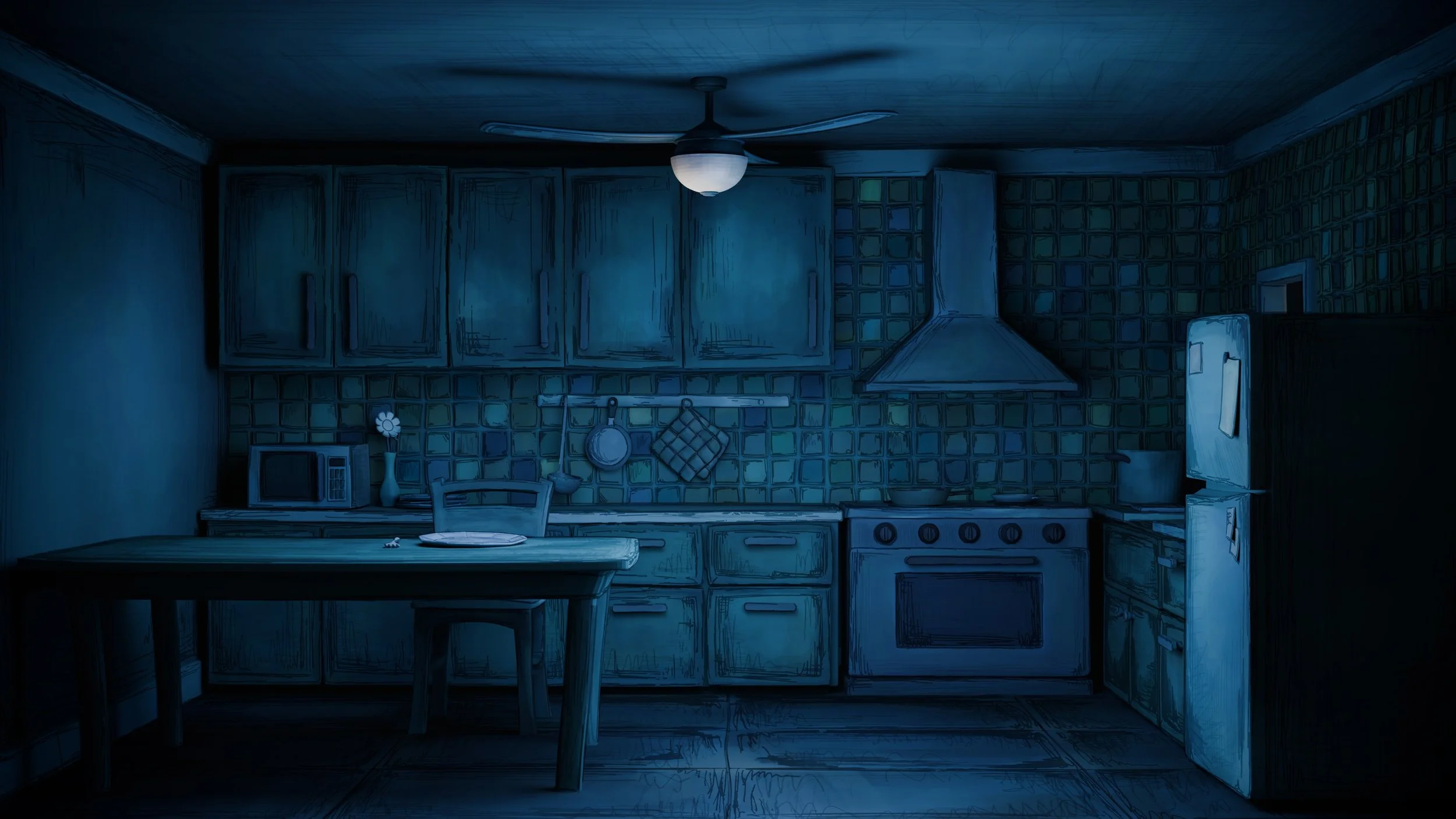 A dimly lit kitchen with wooden cabinets, a table with a single chair, a microwave, a plant in a vase, and an oven with a range hood, all depicted in a stylized, sketch-like art style with a bluish hue.