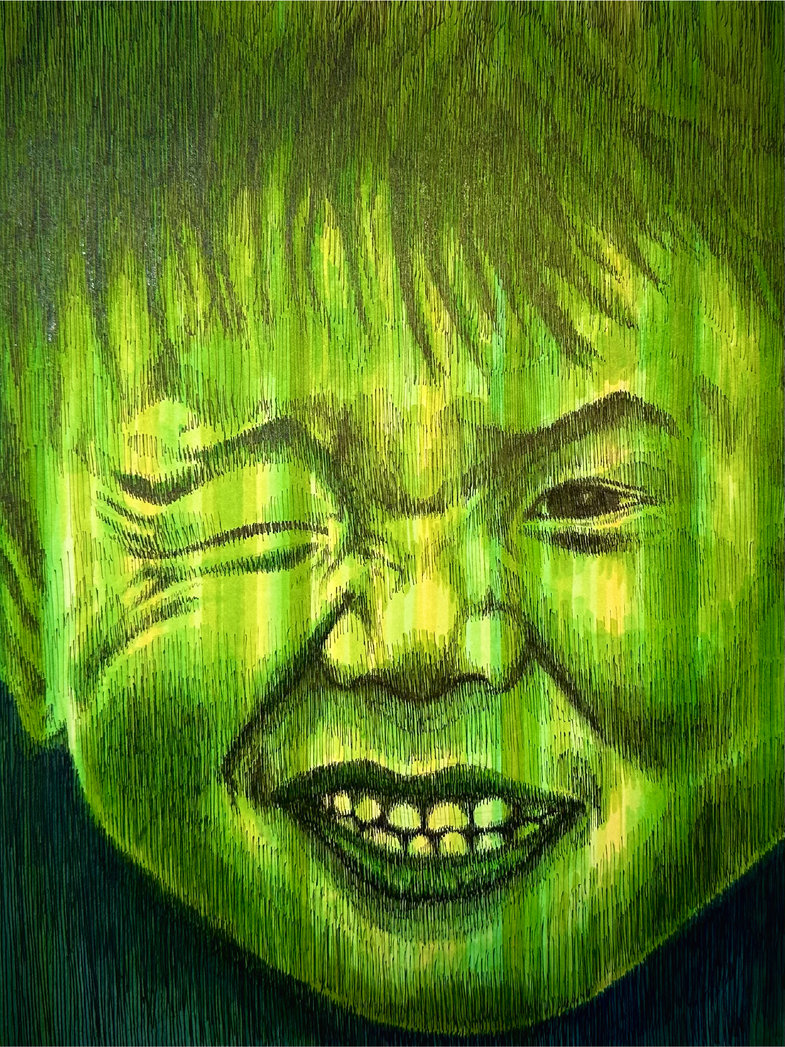 A green-colored drawing of a smiling child's face with one eye closed.