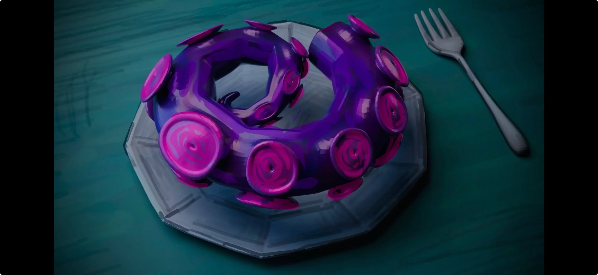 A purple octopus-shaped cake with pink accents, placed on a clear hexagonal plate. A silver fork is positioned to the right of the plate on a teal surface.