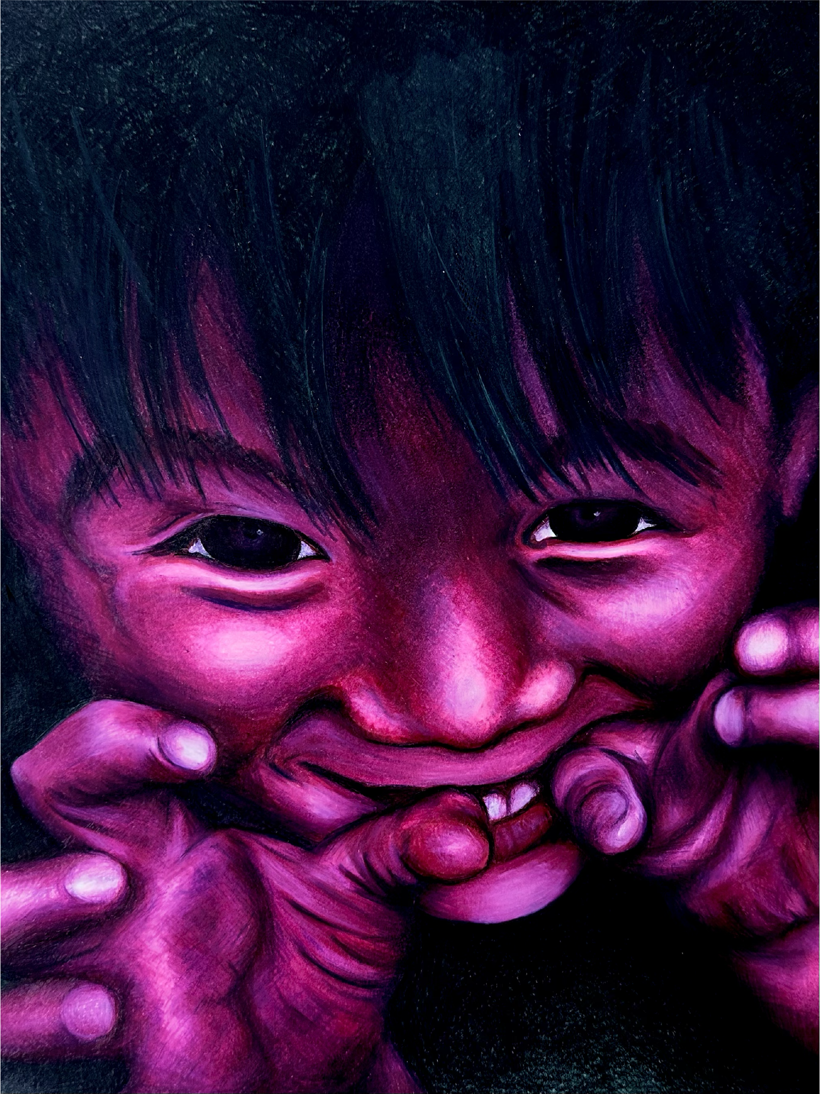 A painting of a young child with dark hair, smiling and making a playful gesture with their hands.