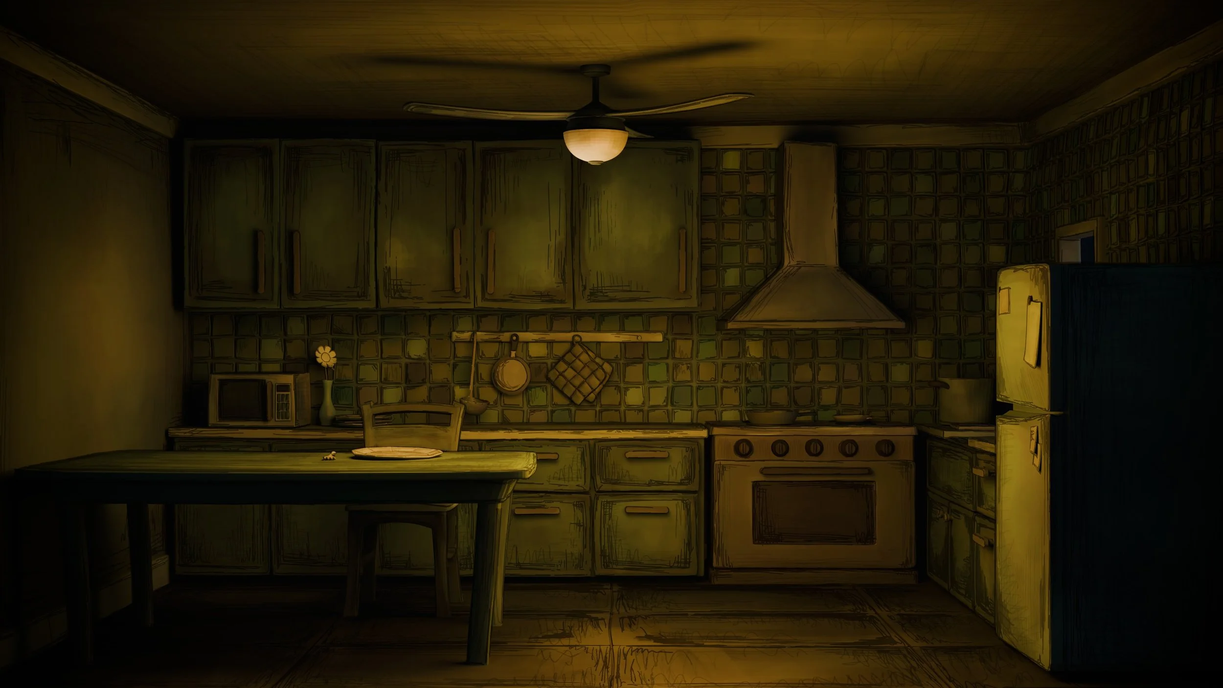 A dimly lit, vintage-style kitchen with wooden cabinets, a stove, a refrigerator, and a small dining table with a single chair.