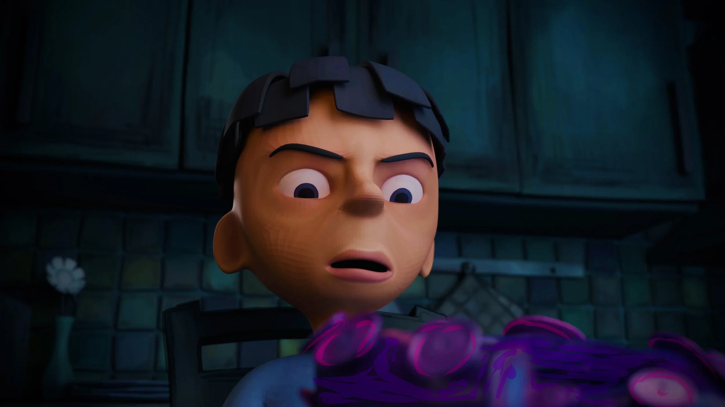 A 3D animated character with a boy's face and dark hair, looking surprised at glowing purple and pink magical energy in a kitchen with teal cabinets.