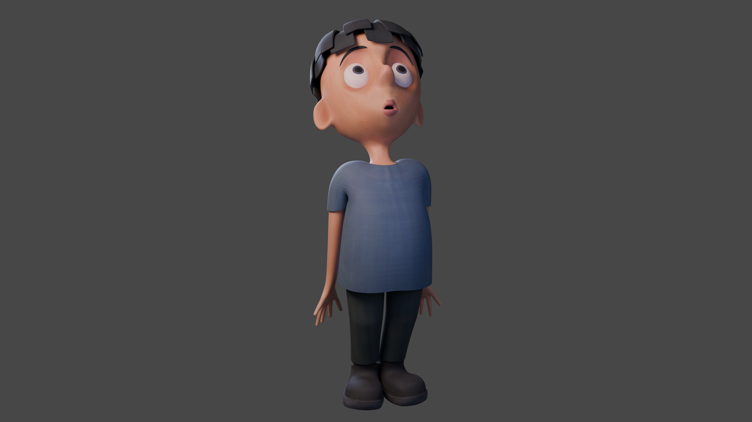 3D animated character of a young boy with short black hair, large eyes, wearing a blue shirt, black pants, and brown shoes, standing against a gray background with a surprised or curious expression.
