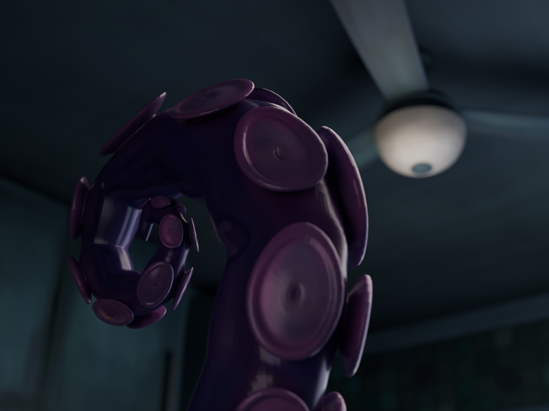 Close-up view of a purple, glossy, abstract sculpture resembling a seahorse made of circular discs, with a ceiling light in the background.