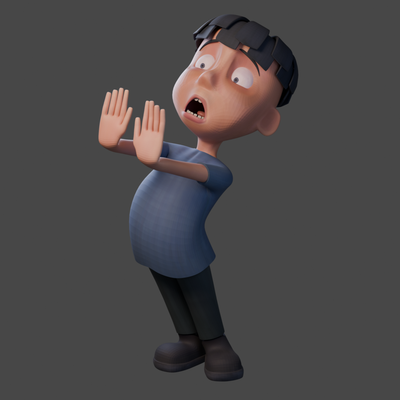 A 3D animated character of a young boy with dark hair, wearing a blue shirt and black pants, holding his hands up in a defensive gesture with a surprised or alarmed expression on his face.