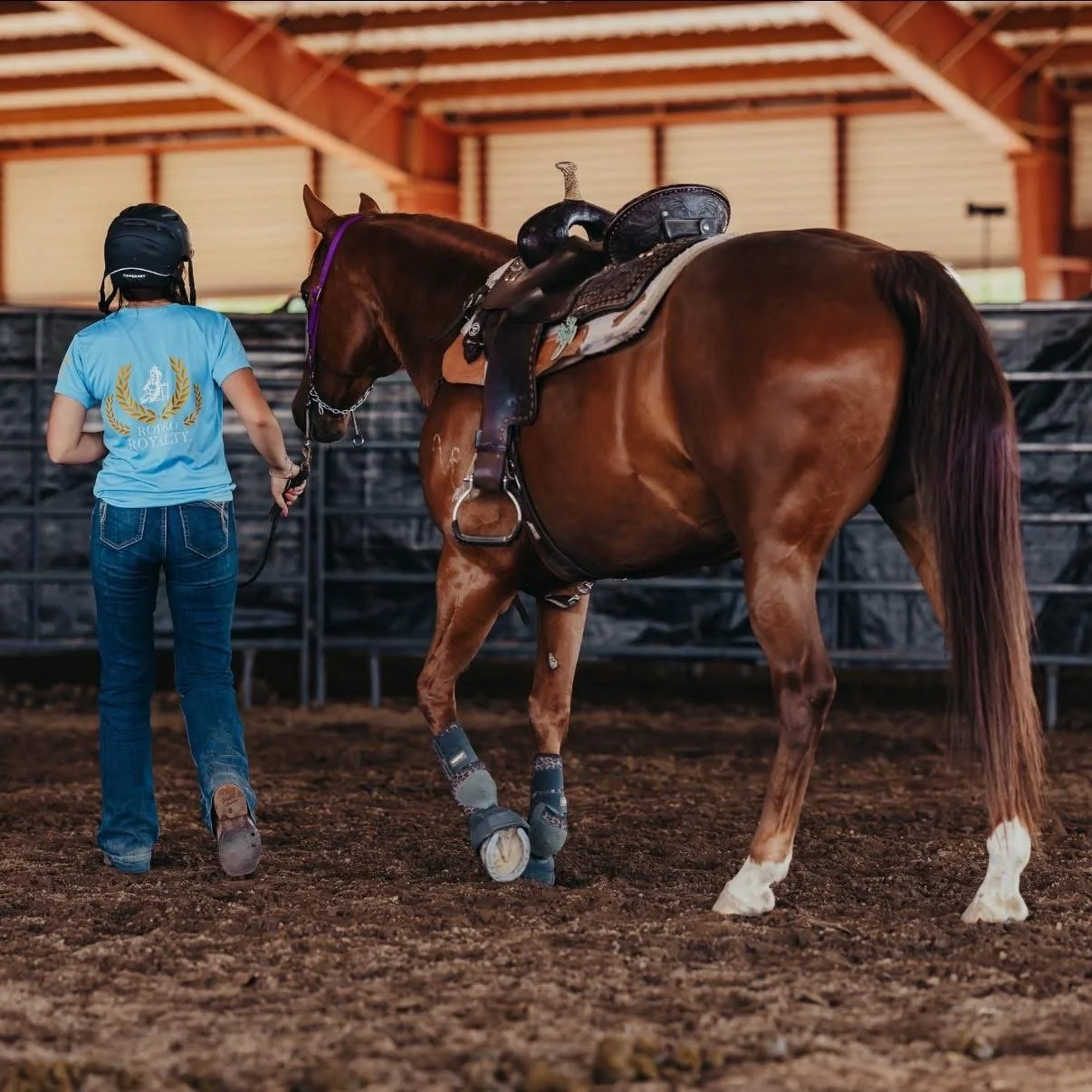 Person in helmet holding a horse's lead in an indoor riding arena wearing rodeo royalty gear.
