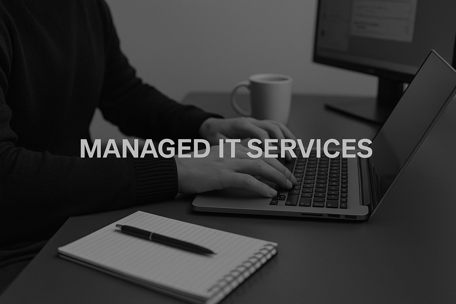 Person working on a laptop at a desk with a notebook and pen in front, with text overlay saying 'Managed IT Services'.