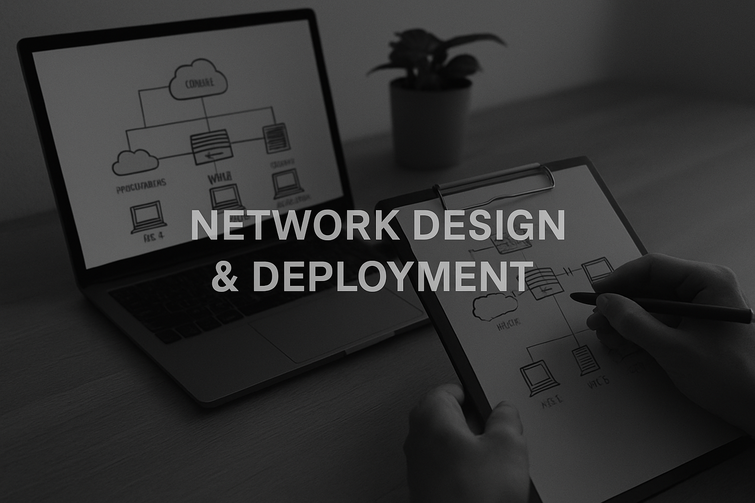A person working on network diagrams on a tablet and a laptop with a potted plant in the background. The text overlay reads 'Network Design & Deployment'.