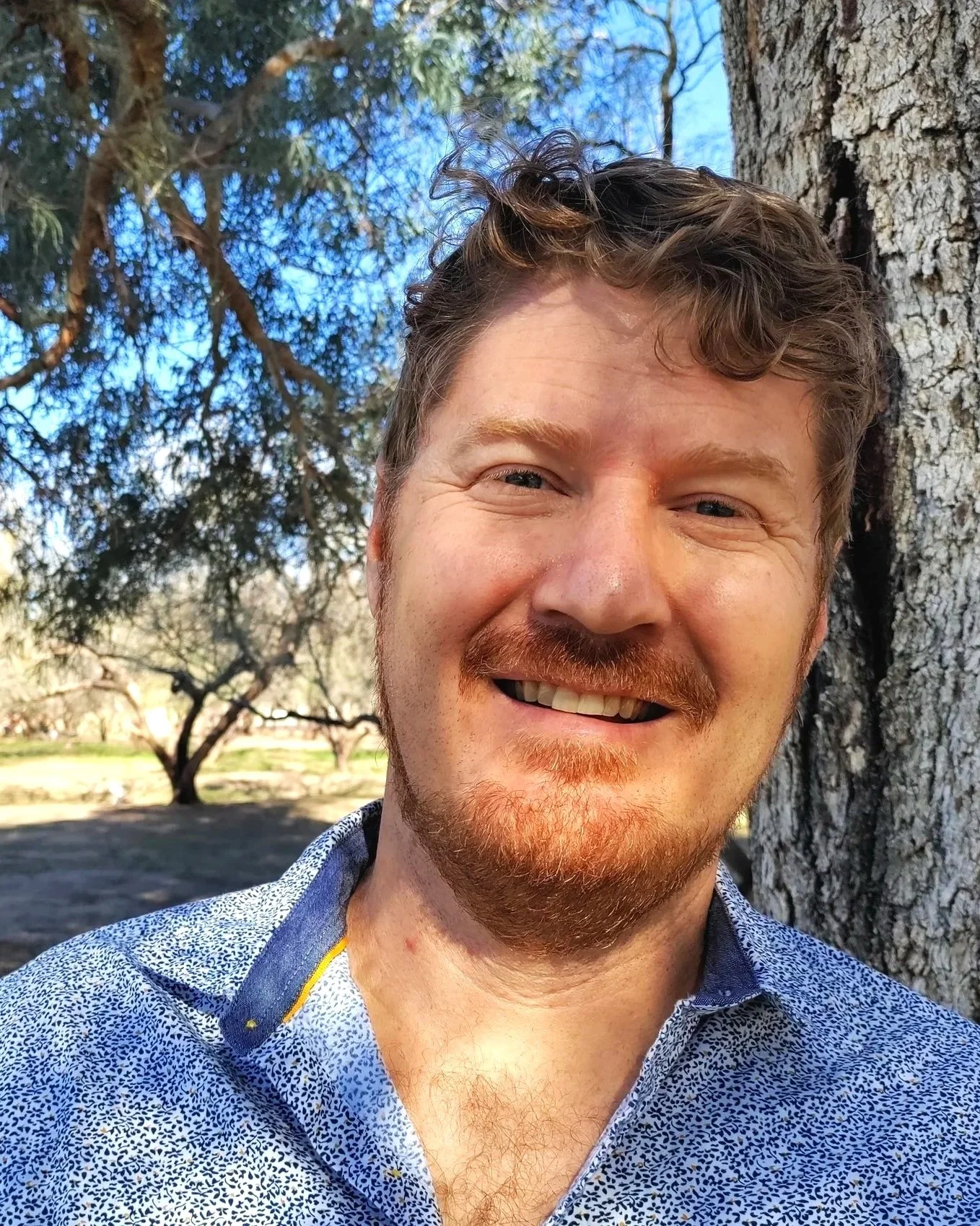 A man with curly hair and a beard smiling outdoors near a tree with blue sky in the background.