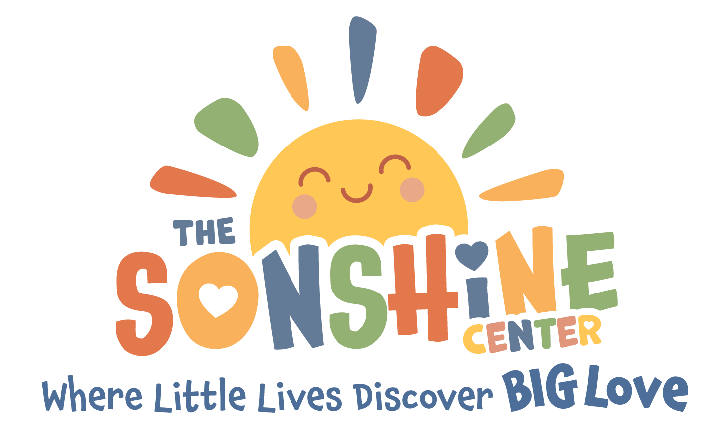 Logo for the Sunshine Center featuring a smiling sun with colored rays, the words THE SUNSHINE CENTER, and the tagline where Little Lives Discover BIG Love.