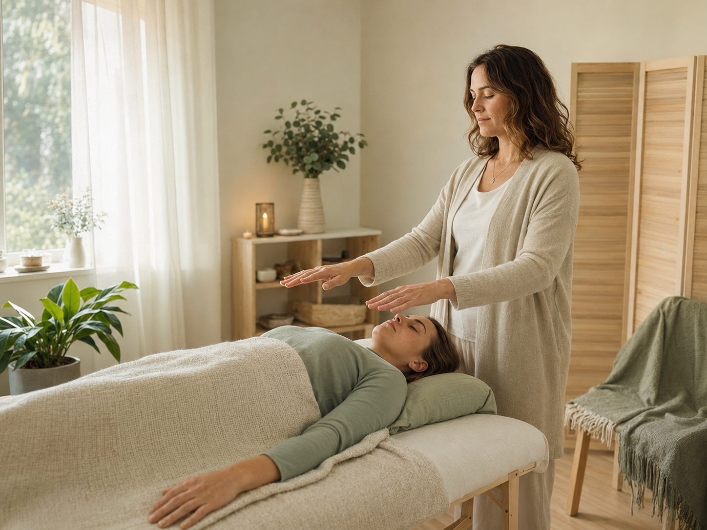 Reiki session in a calming wellness space
