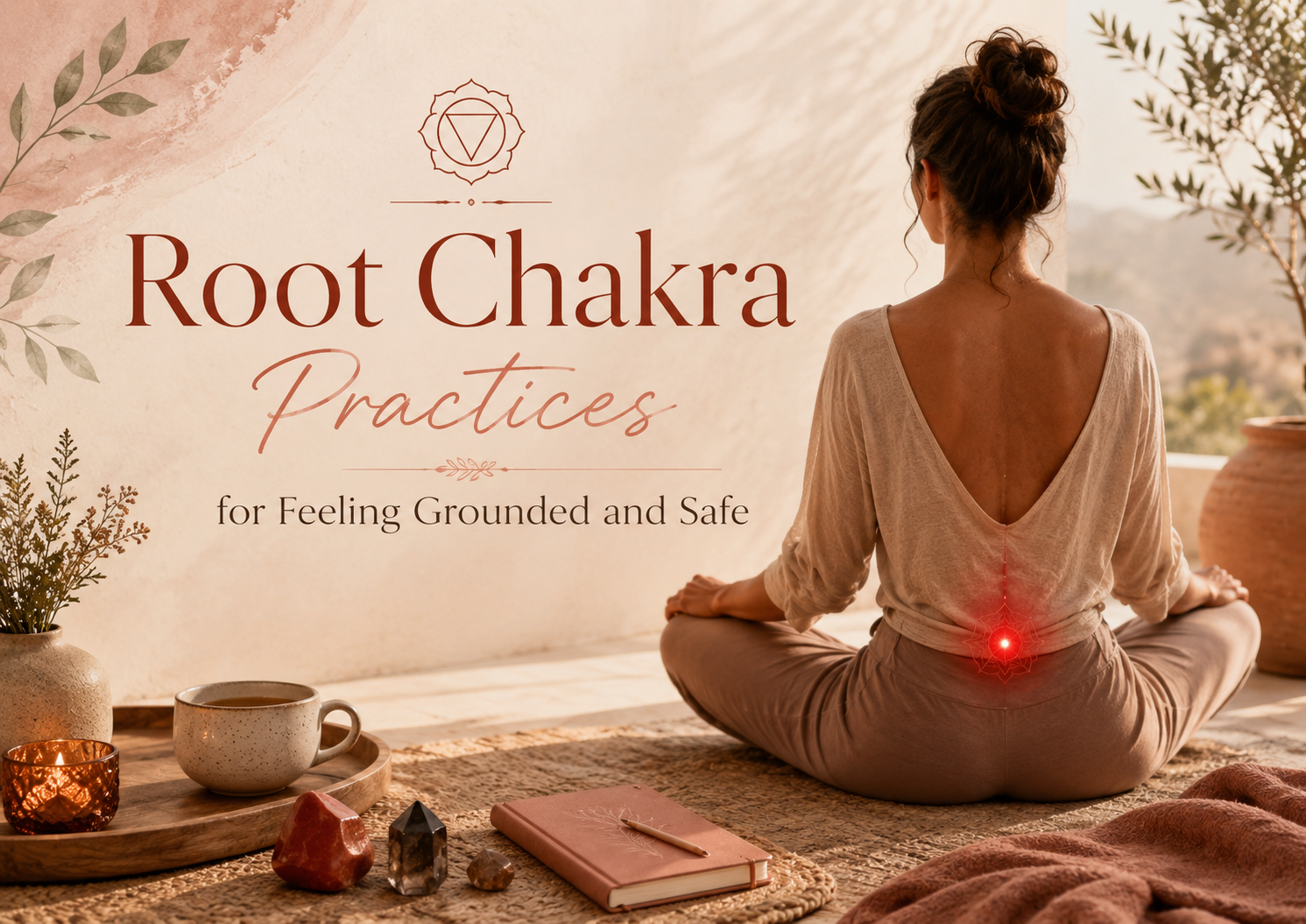 A woman practicing meditation in a peaceful, sunlit outdoor space with plants and a mountain view, with red light highlighting the root chakra location.