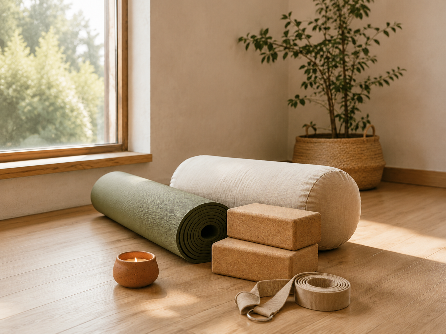Sage yoga mat, cream bolster, cork yoga blocks, terracotta candle and beige strap arranged in soft natural light.