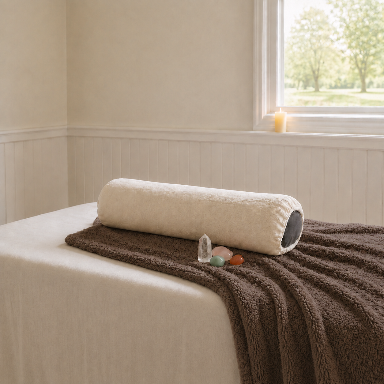 Peaceful Reiki treatment space with a cream bolster, mocha blanket, candle and healing crystals in soft natural light.