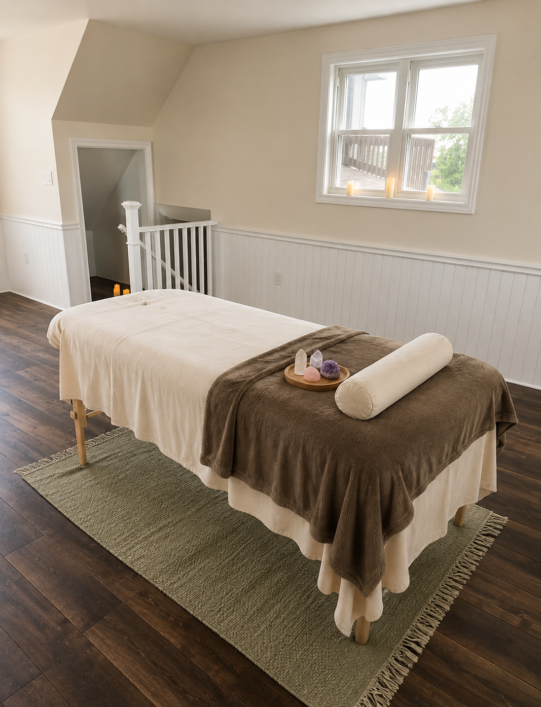 Peaceful Reiki treatment room in Hagersville with cream linens, a mocha blanket and healing crystals