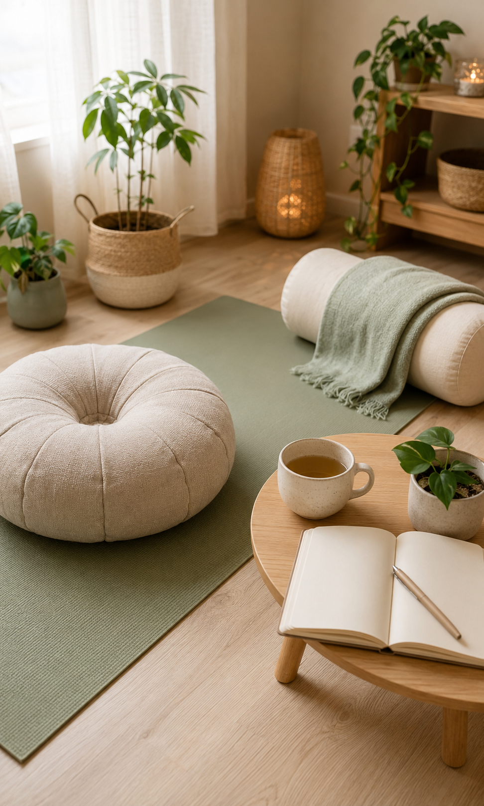 Calming home yoga and wellness space with sage props and tea.