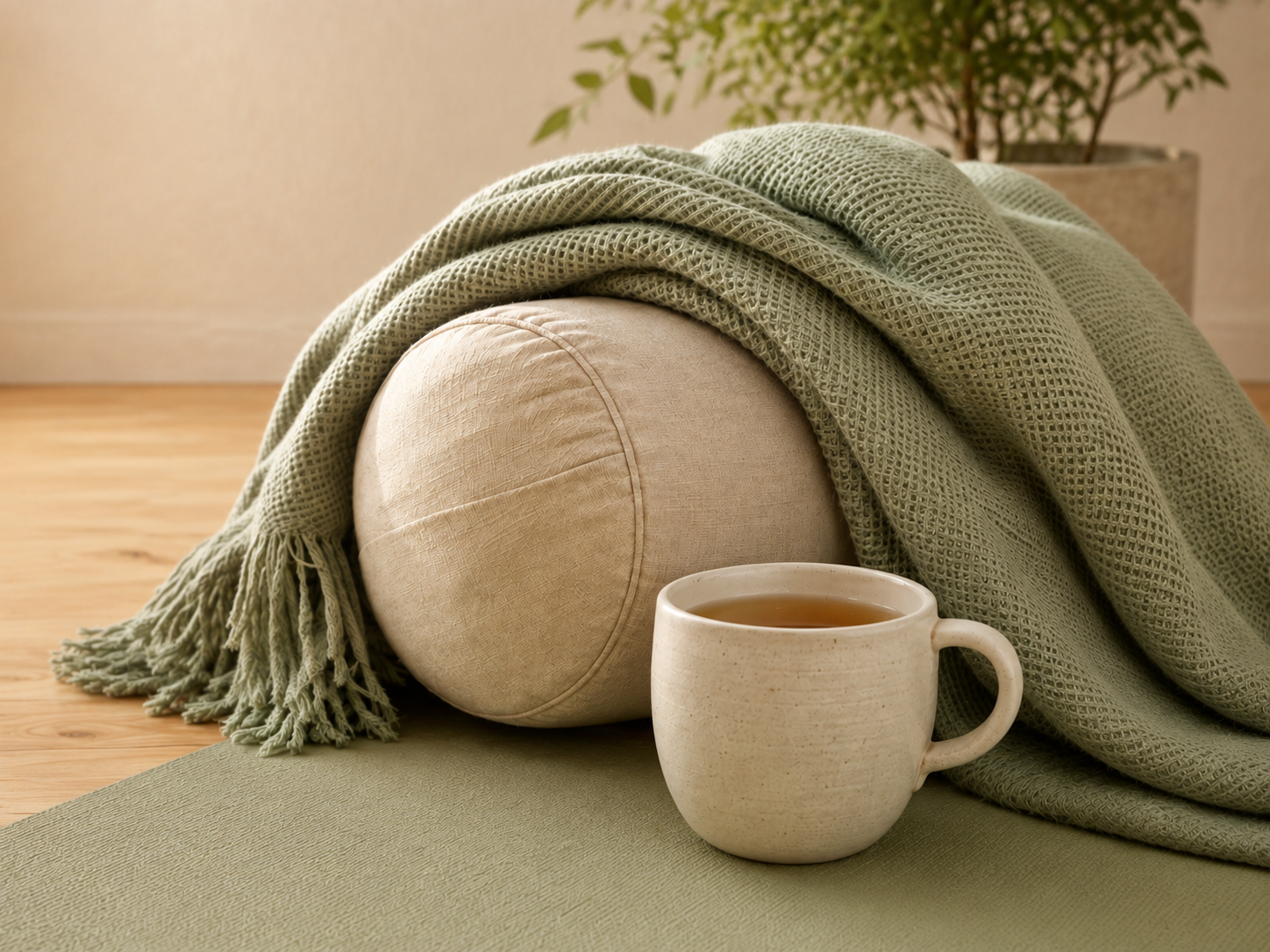 Close-up of a beige round yoga bolster, a green textured throw blanket draped over it, a green mat, a ceramic mug filled with tea, and a potted plant in the background.