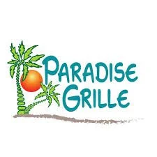 Logo for Paradise Grille featuring a palm tree with a hanging orange fruit and the restaurant name.