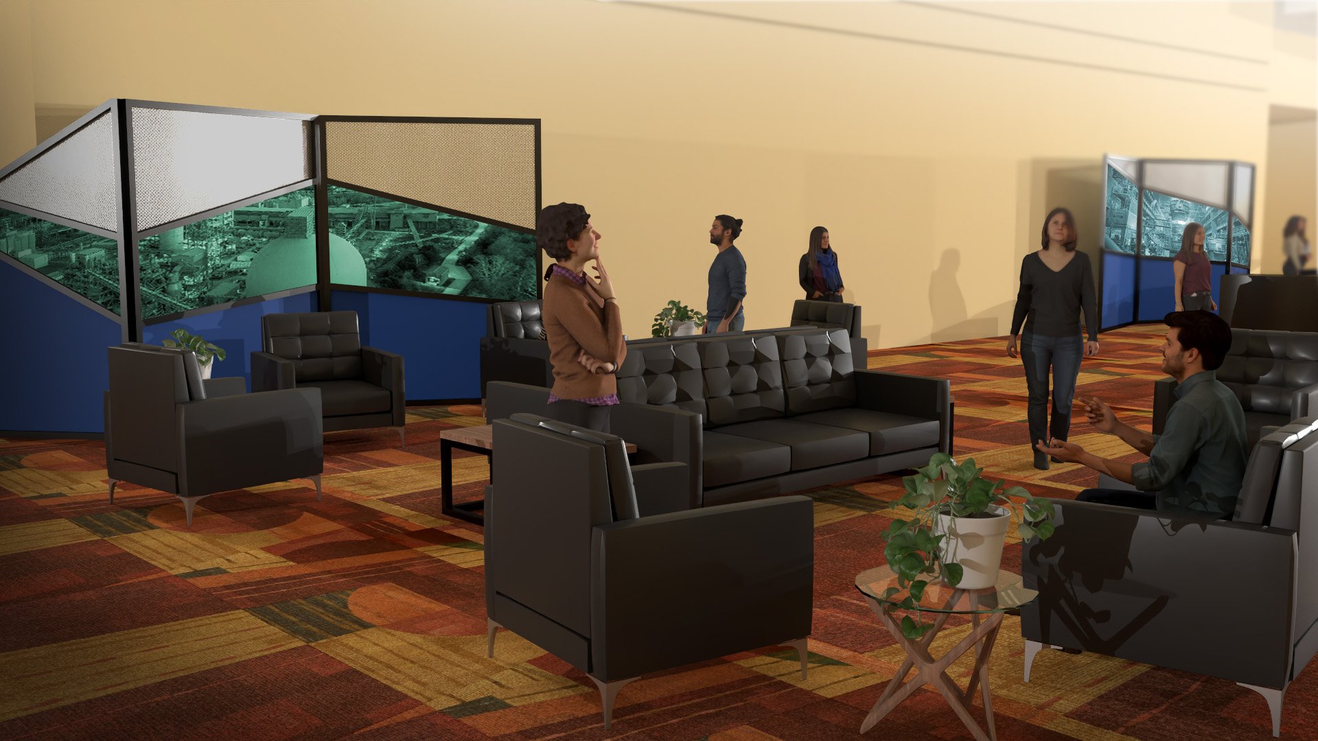 A meeting or conference room with black leather chairs and sofas, potted plants, three large viewing screens showing aerial city views, and people engaged in conversations or waiting.