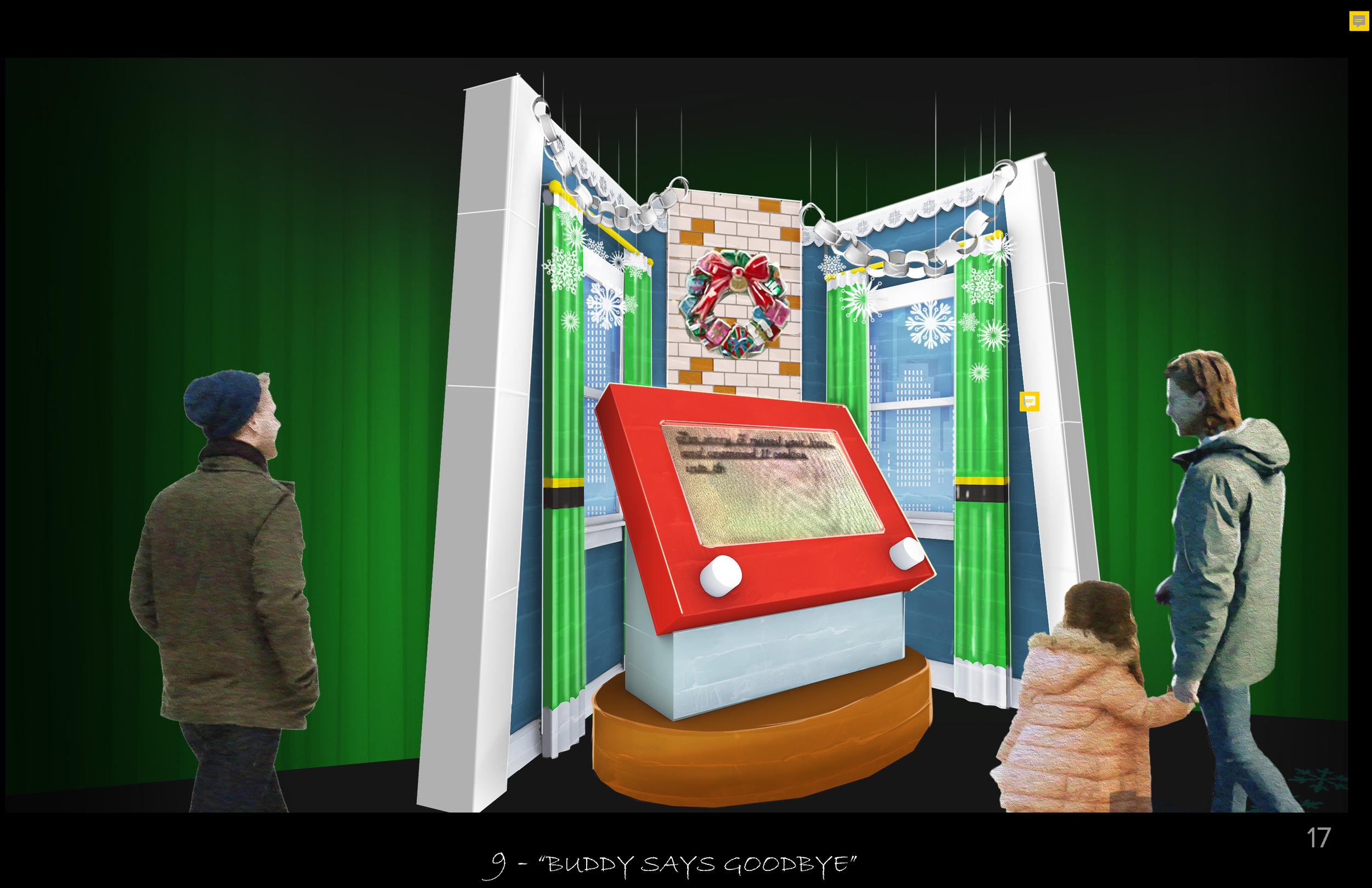Digital rendering of a holiday-themed display with a wreath, snowflakes, and building silhouettes, featuring two people observing it, set against a black background.