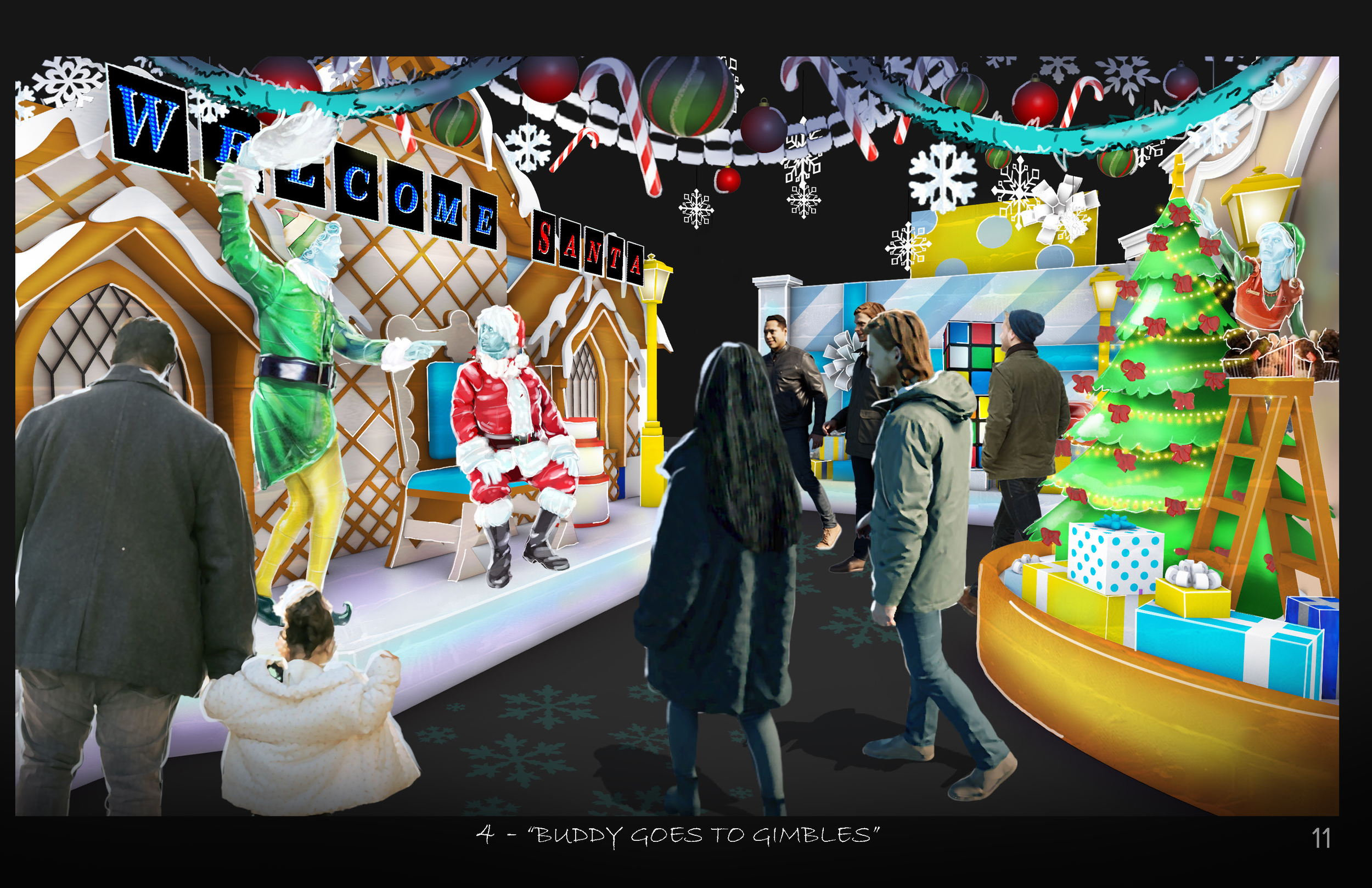 People at a Christmas-themed event with decorations, including a Christmas tree, ornaments, snowflakes, and a 'Welcome Santa' sign. There are colorful wrapped presents, candy canes, and holiday characters, including a person dressed as Santa Claus and others in festive attire.