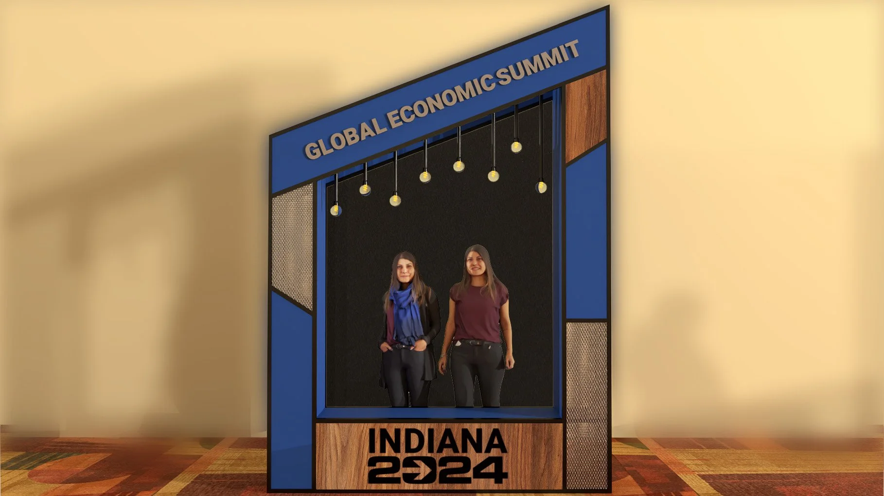 Photo of two women standing in a photo booth for the Indiana 2024 conference, with a decorative backdrop and the event name at the top.