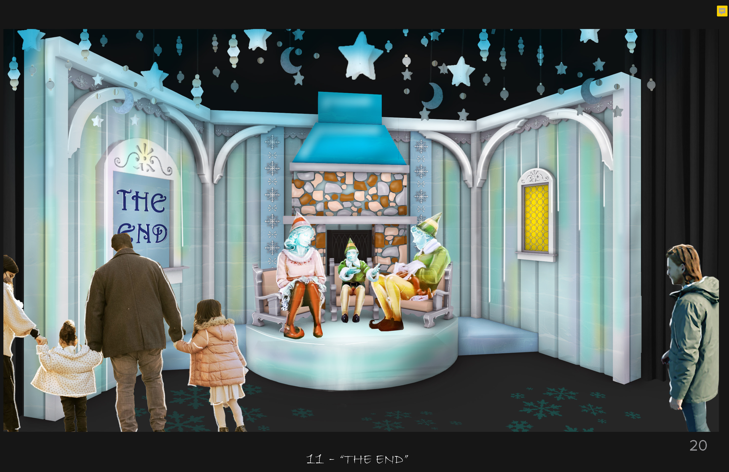 A holiday scene with a fireplace, three elves sitting and talking, a decorated setting with stars, moons, snowflakes, hanging ornaments, and people observing.