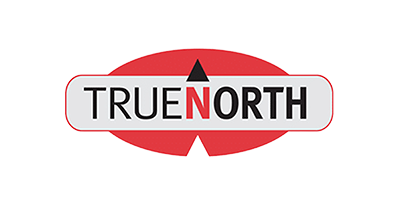 Logo with the words 'True North' in bold black and red text inside an oval shape with a red and black compass arrow design.