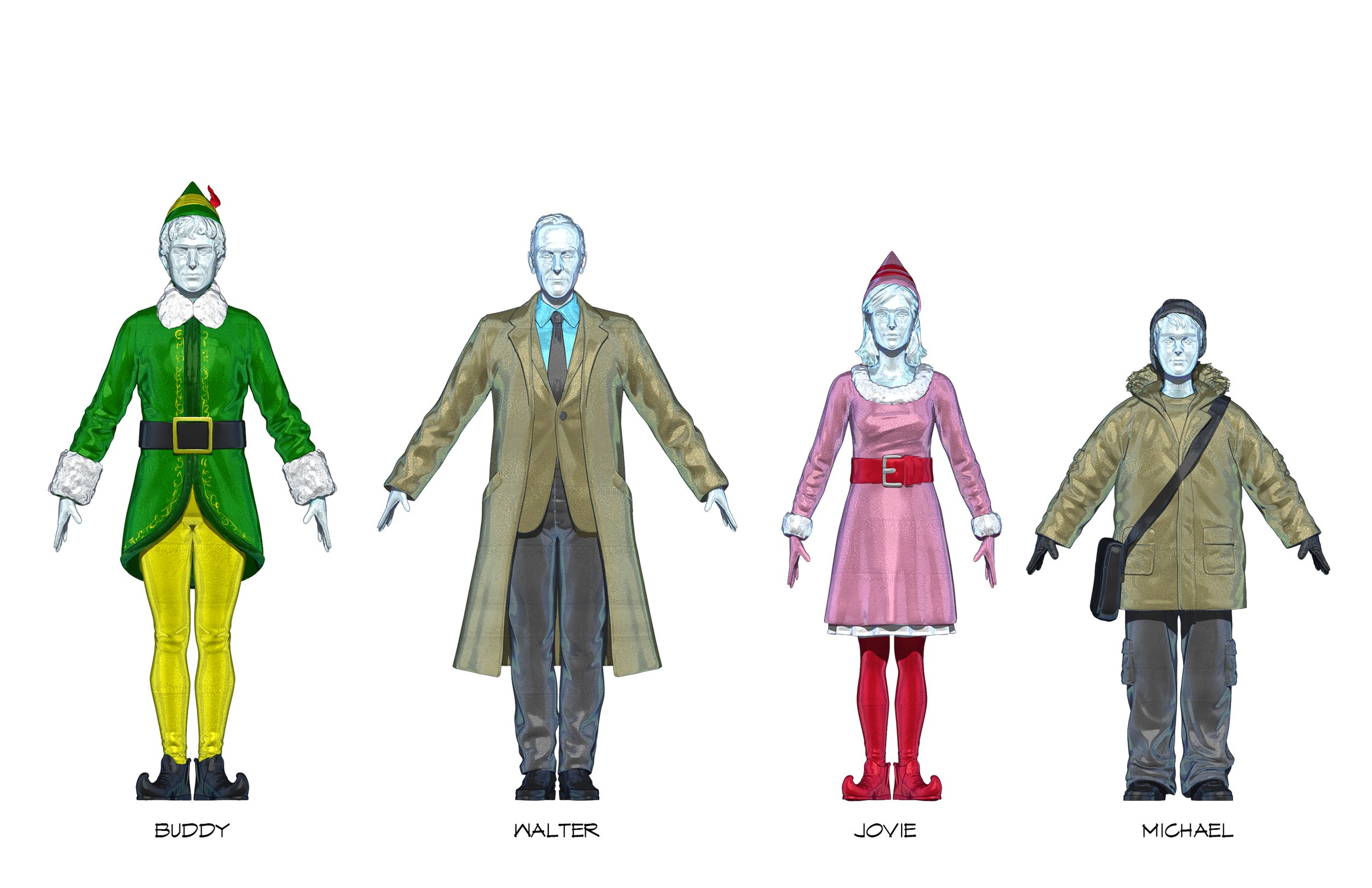 Four mannequins dressed in winter costumes resembling characters from the movie 'Elf,' with names Buddy, Walter, Jovie, and Michael labeled below.