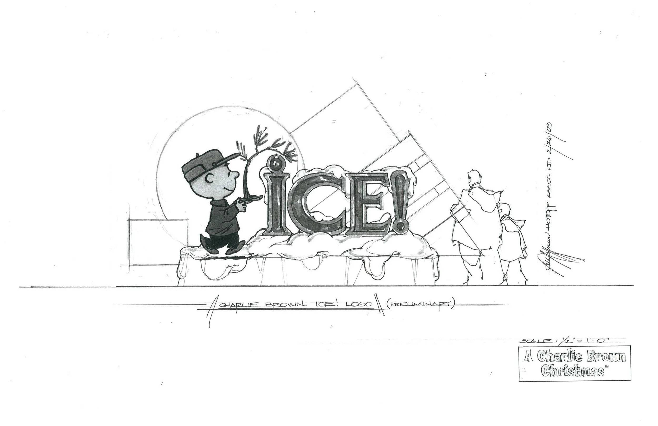 A black and white sketch of a holiday display featuring a child-like character dressed in winter clothing, holding a fishing pole, standing next to large illuminated letters spelling 'ICE,' with snow and ice elements, and a person in the background observing.