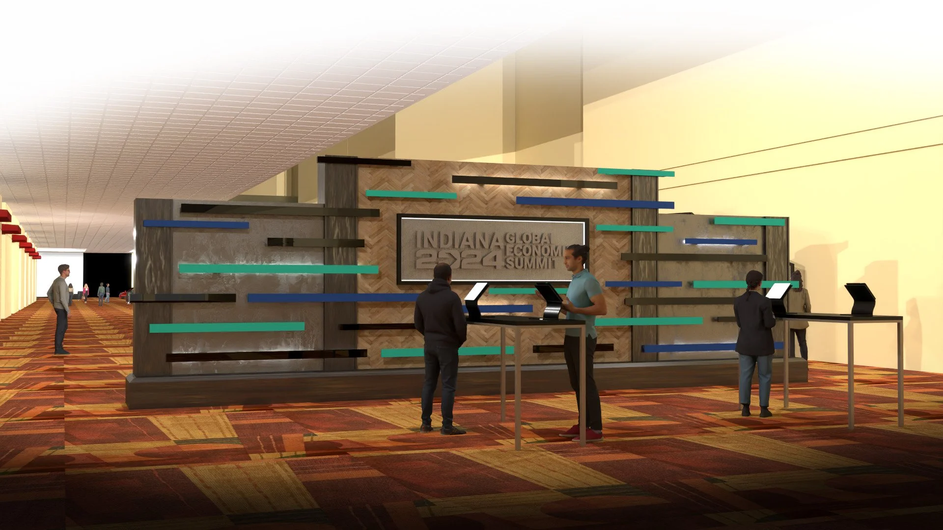 Registration area for the 2024 Indiana Global & Economic Summit, with a decorative wall featuring horizontal teal, black, and blue lines, a large sign, and attendees using kiosks.