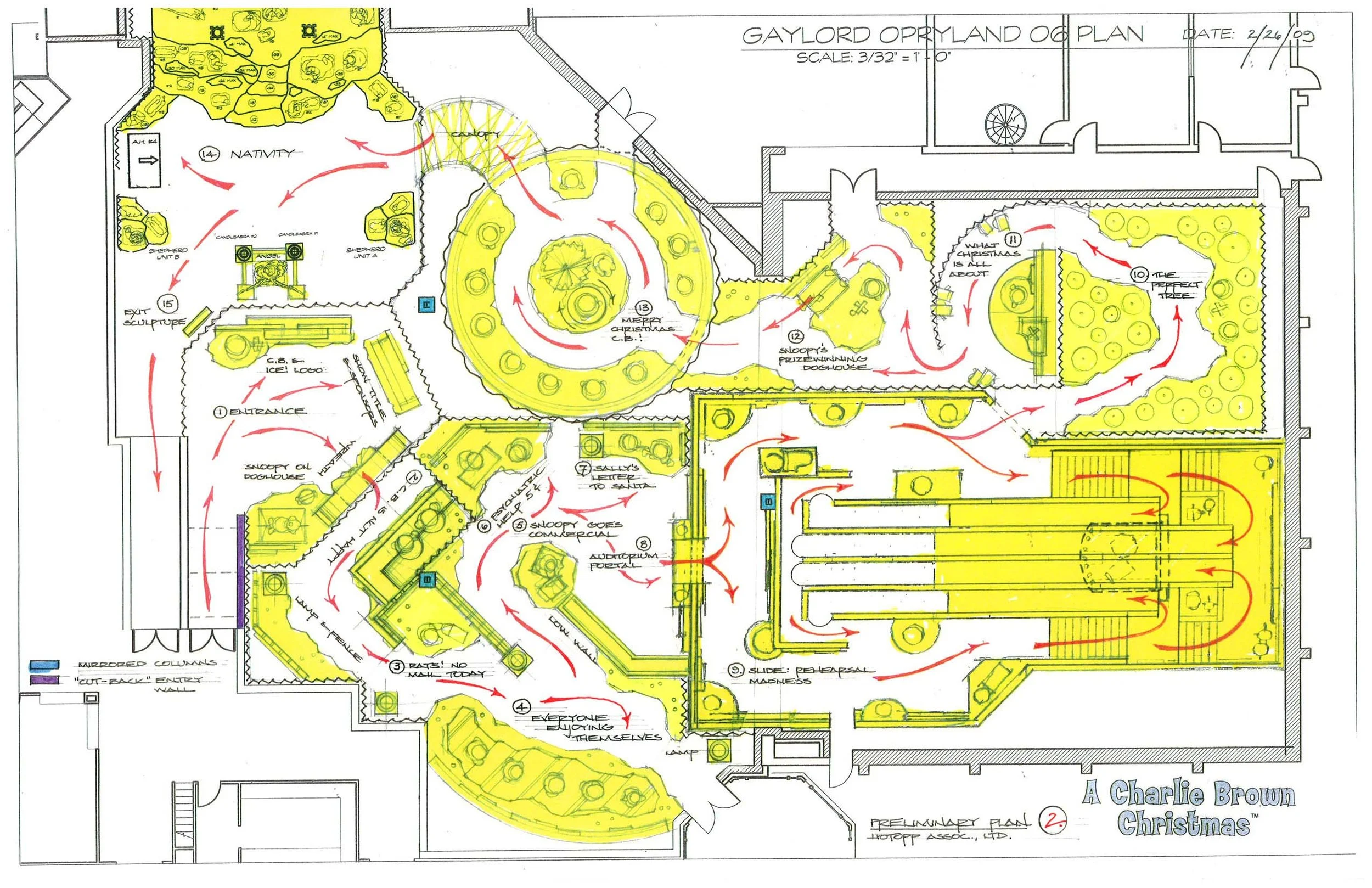 Architectural floor plan of a building named Gaylord Opryland, showing interior layouts and designated outdoor areas, with pathways marked in red arrows.