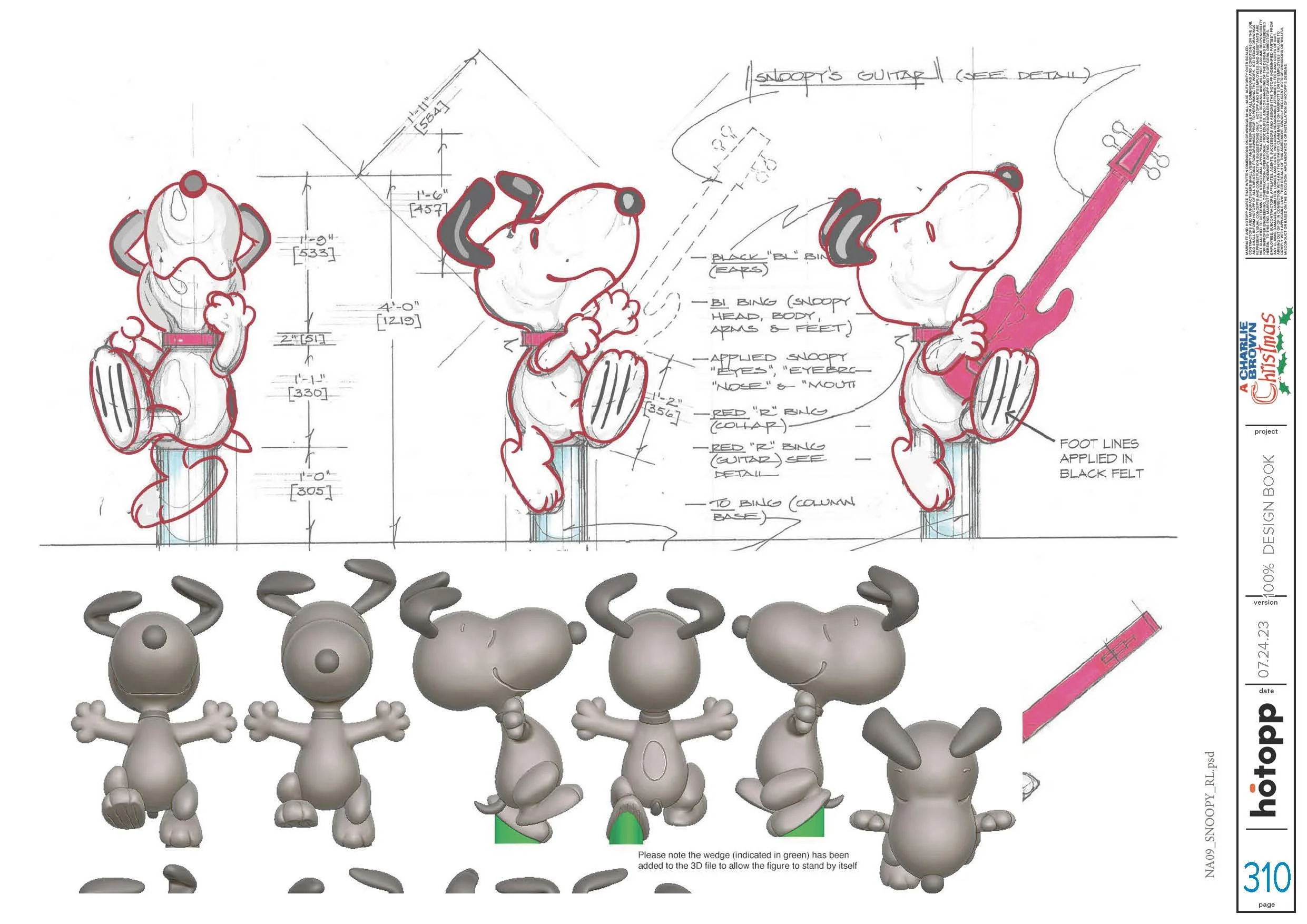 Design sketch of Snoopy from Peanuts, with detailed notes and multiple 3D renders of the character in gray, including different angles and poses, some with accessories like a guitar.