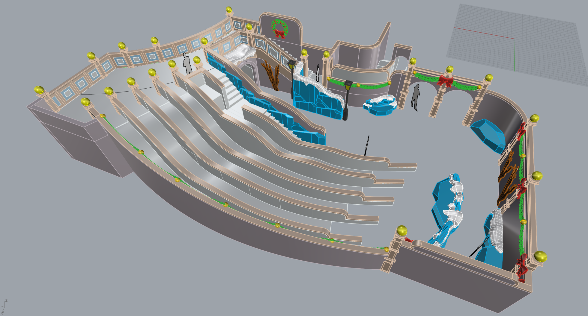 3D model of an amusement park ride with multiple roller coaster tracks, human silhouette figures, decorative holiday wreaths, and string lights.
