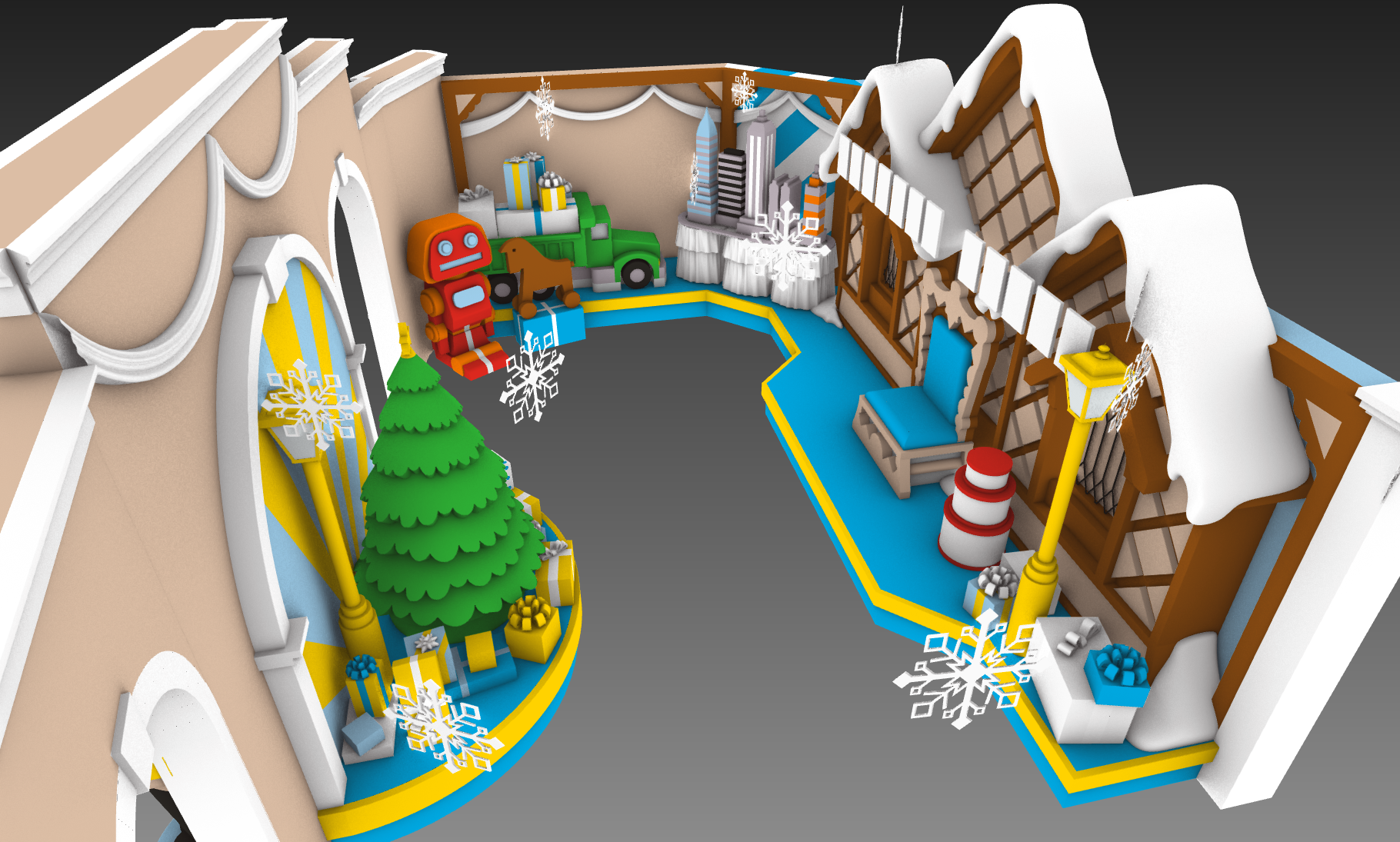 Decorative holiday interior scene with Christmas tree, gifts, snowflakes, robot and dinosaur decorations, cityscape model, and festive lighting and drapery.