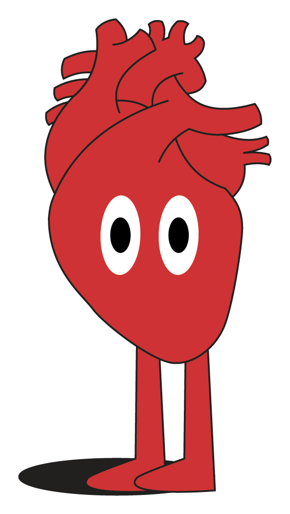 A cartoon illustration of a human heart with a face, featuring wide eyes, standing on two legs against a black background.