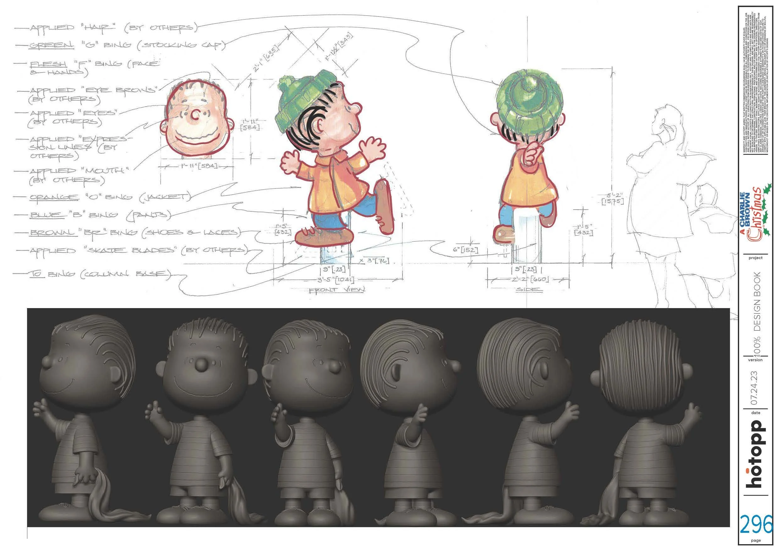 Design sketches and 3D models of a cartoon character, emphasizing facial features, clothing, and hair from multiple angles, with handwritten notes specifying details and measurements.