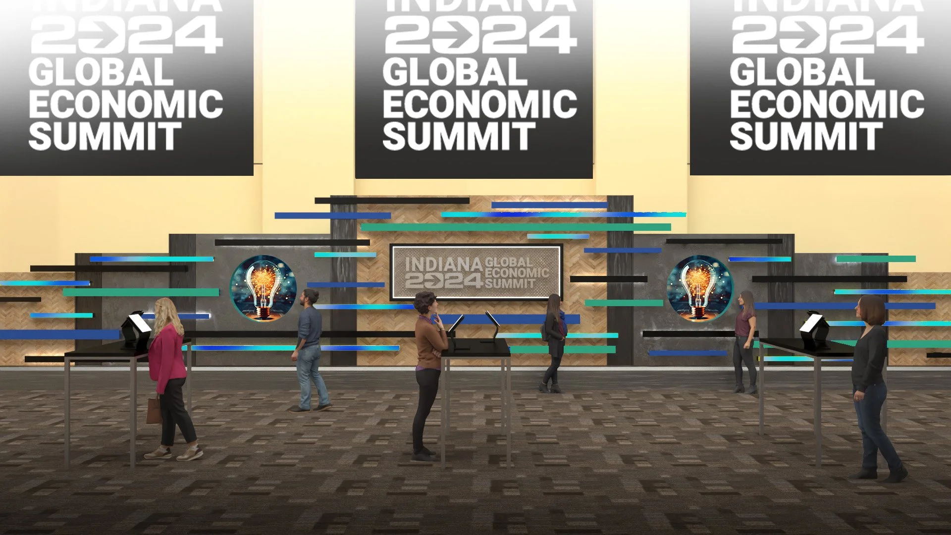 Conference hall with large screens displaying 'INDIANA 2024 GLOBAL ECONOMIC SUMMIT' banners, several people walking and standing, and digital kiosks on tables, with a wood textured wall and decorative elements including images of a lightbulb with spa